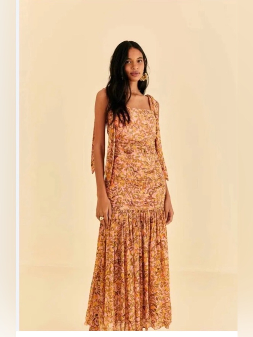 Farm Rio Star Fruit Pink Midi Dress XXS NWT Ruched Tie Strap Tropical Resort